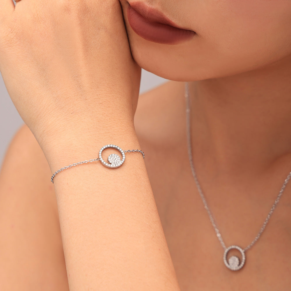Double Circle Inlay Cubic Zirconia Bracelet Necklace Ring Jewelry Suit