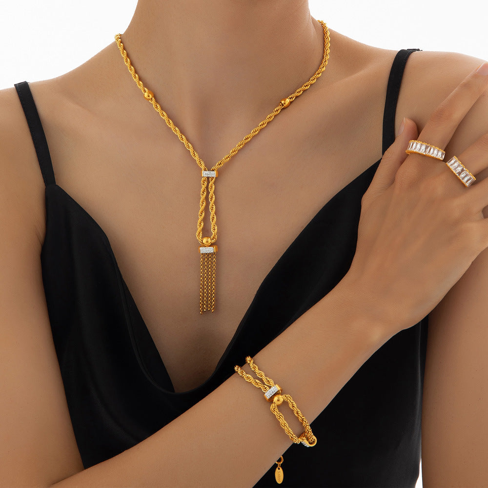 Rope Chain Czech Diamond Tassel Necklace Bracelet Leaf Texture Earrings Jewelry Suit