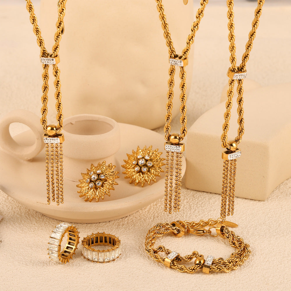 Rope Chain Czech Diamond Tassel Necklace Bracelet Leaf Texture Earrings Jewelry Suit