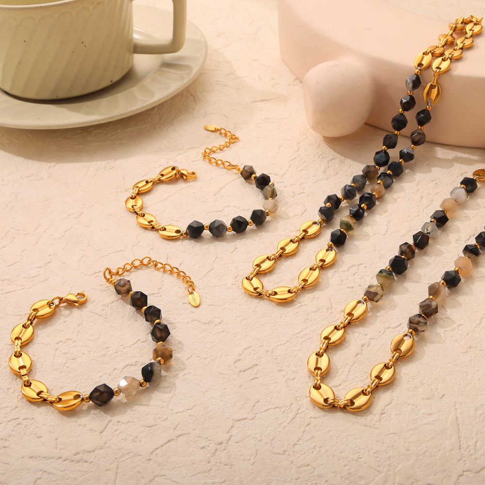 Natural Stone Beaded Spliced Chain Necklace Bracelet Jewelry Suit