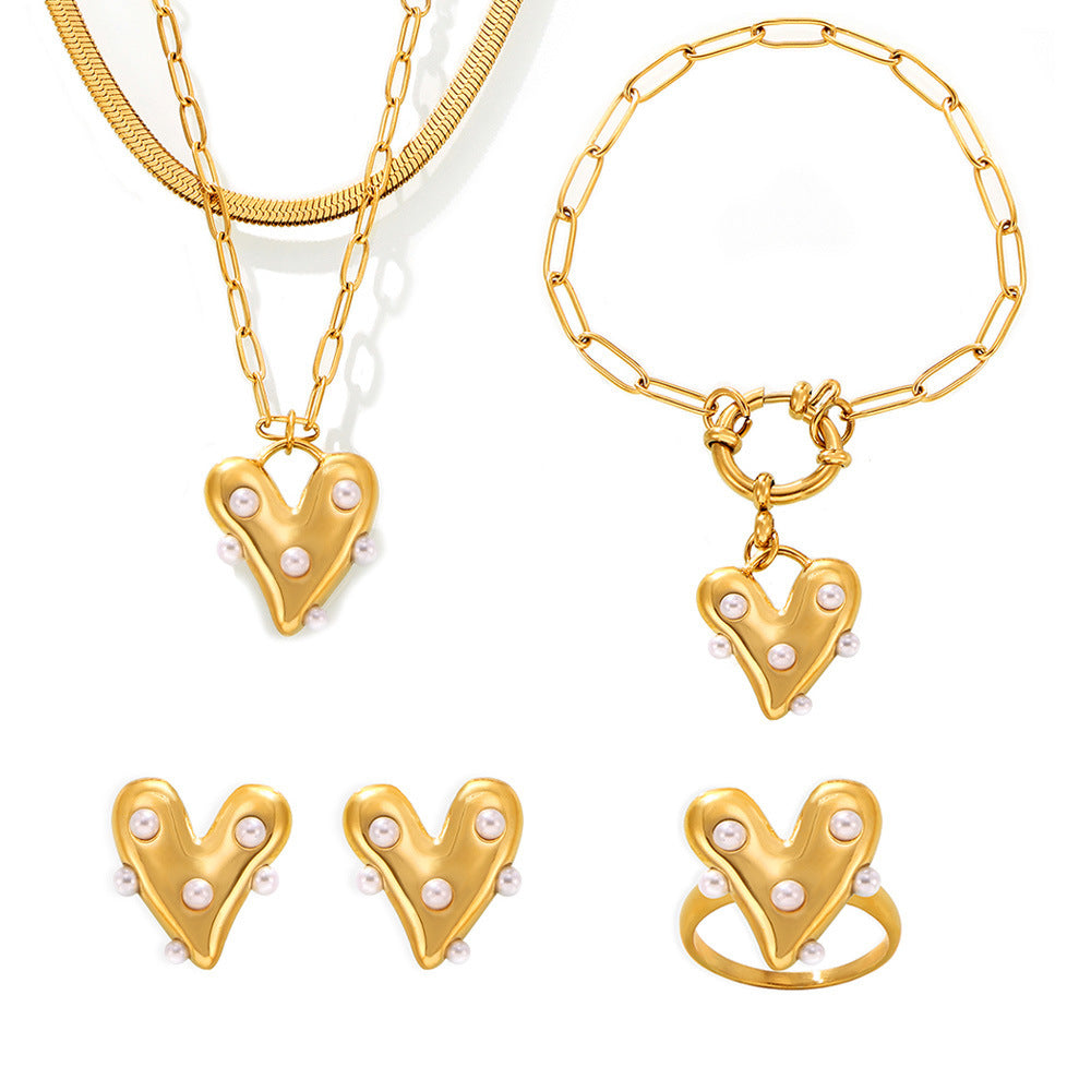 Heart Inlay Imitation Pearl Necklace Bracelet Earrings Ring Jewelry Suit