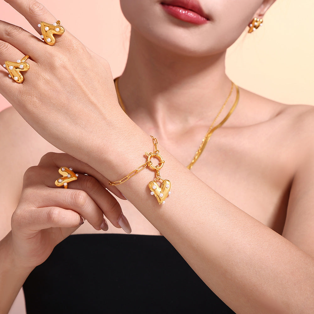 Heart Inlay Imitation Pearl Necklace Bracelet Earrings Ring Jewelry Suit