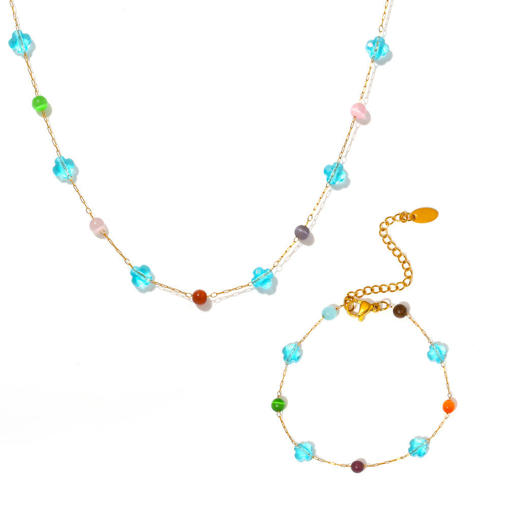 Dopamine Natural Stone Beaded Stainless Steel Necklace Bracelet Jewelry Suit