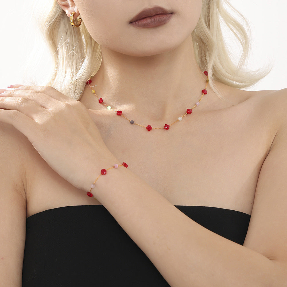 Dopamine Natural Stone Beaded Stainless Steel Necklace Bracelet Jewelry Suit
