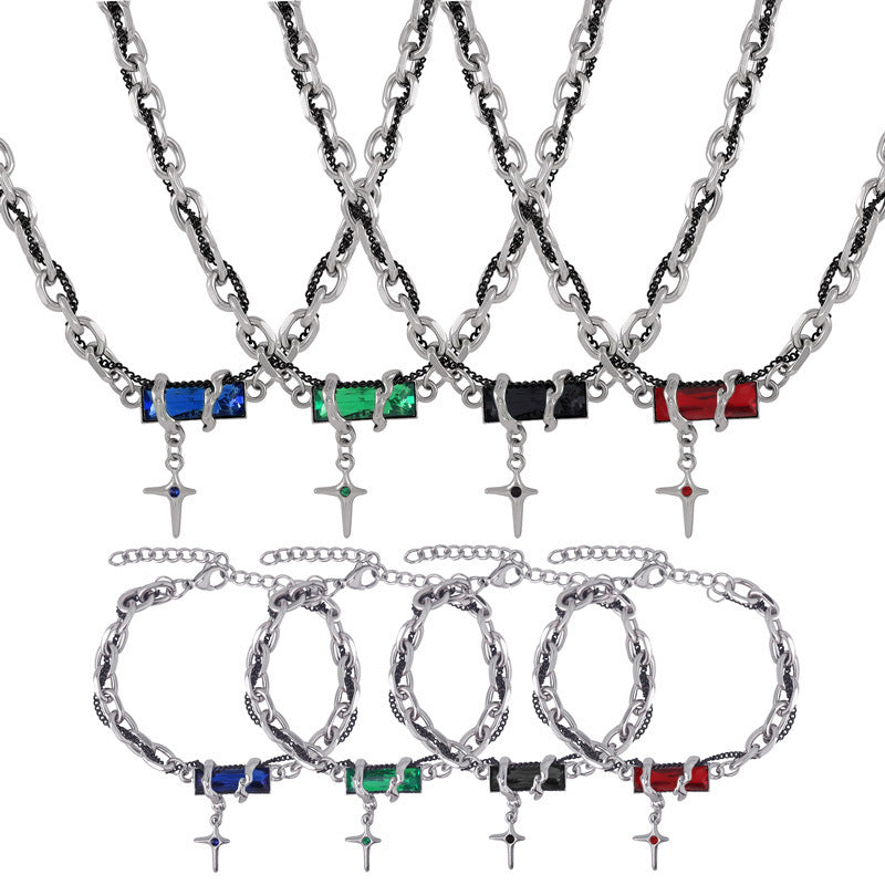 Hip Hop Style Wrapped Rainbow Cubic Zirconia Design Necklace Bracelet Jewelry Suit