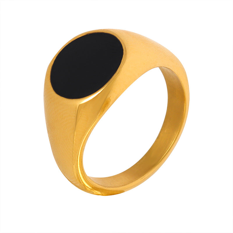 Stainless Steel Black Drop Oil Round Signet Ring
