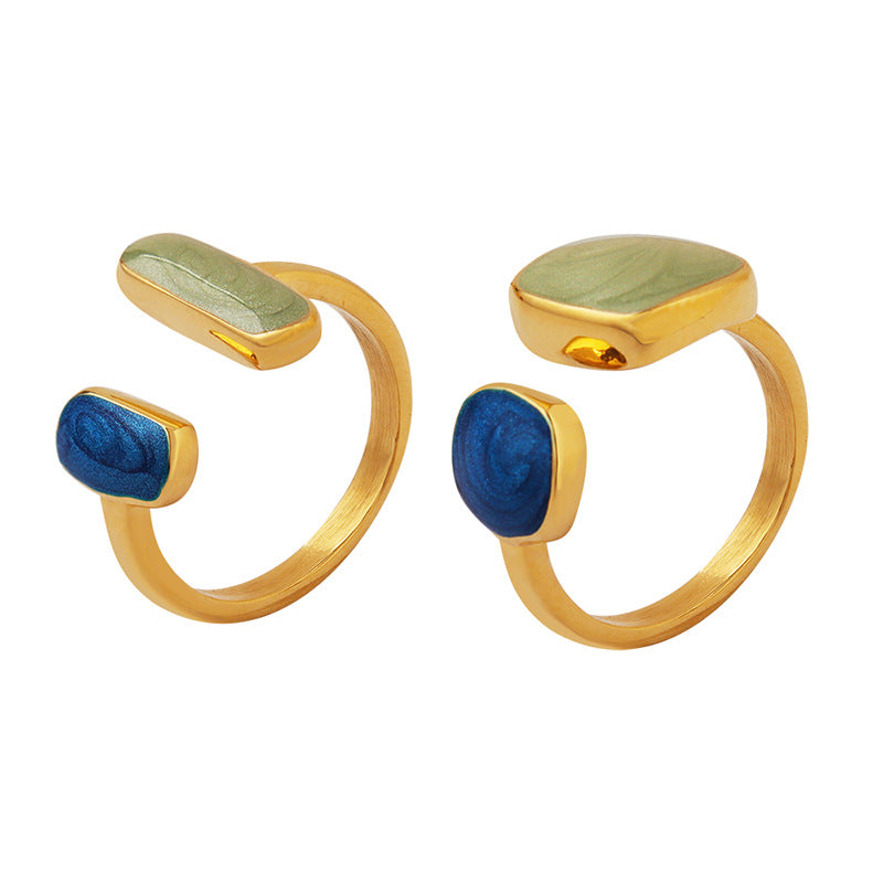 Stainless Steel Blue Green Drop Oil Cuff Ring