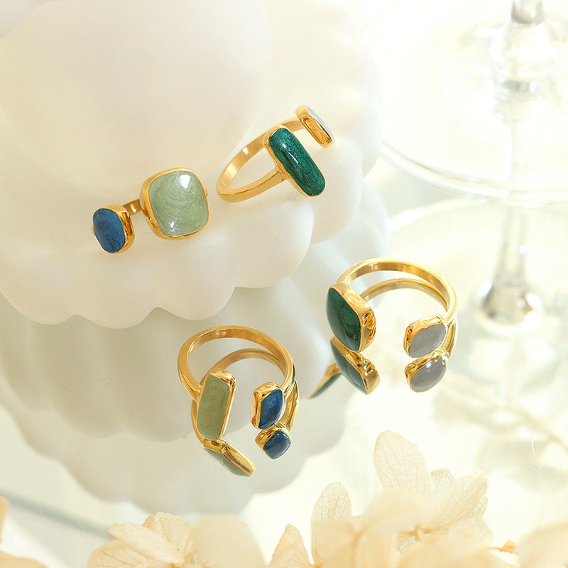 Stainless Steel Blue Green Drop Oil Cuff Ring