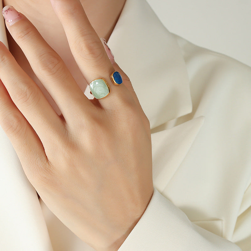 Stainless Steel Blue Green Drop Oil Cuff Ring
