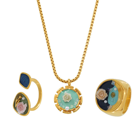 Oil Painting Style Flower Freshwater Pearl Ring Necklace Jewelry Suit