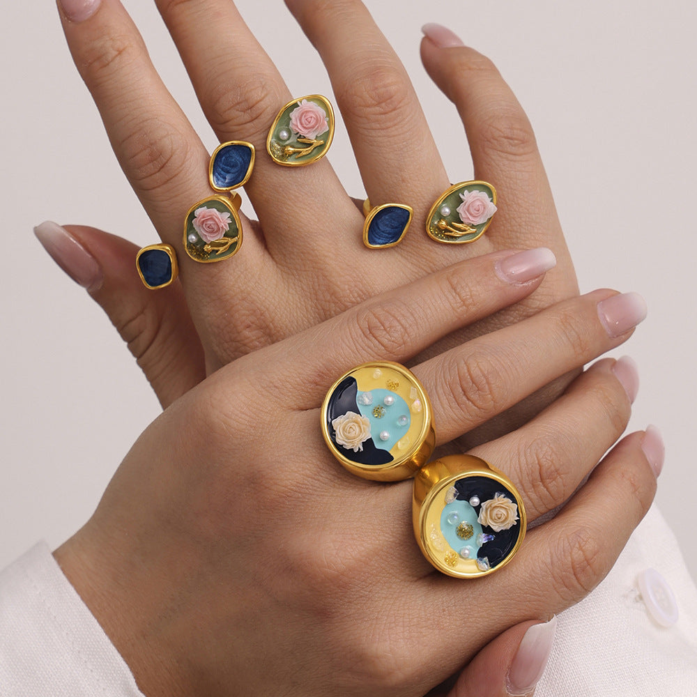 Oil Painting Style Flower Freshwater Pearl Ring Necklace Jewelry Suit