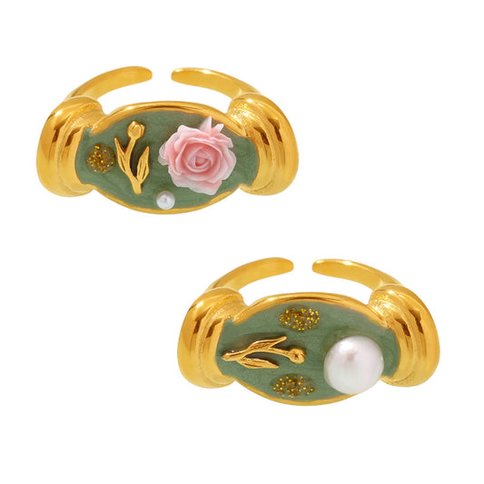 Stainless Steel Imitation Pearl Flower Relief Cuff Oil Drip Ring