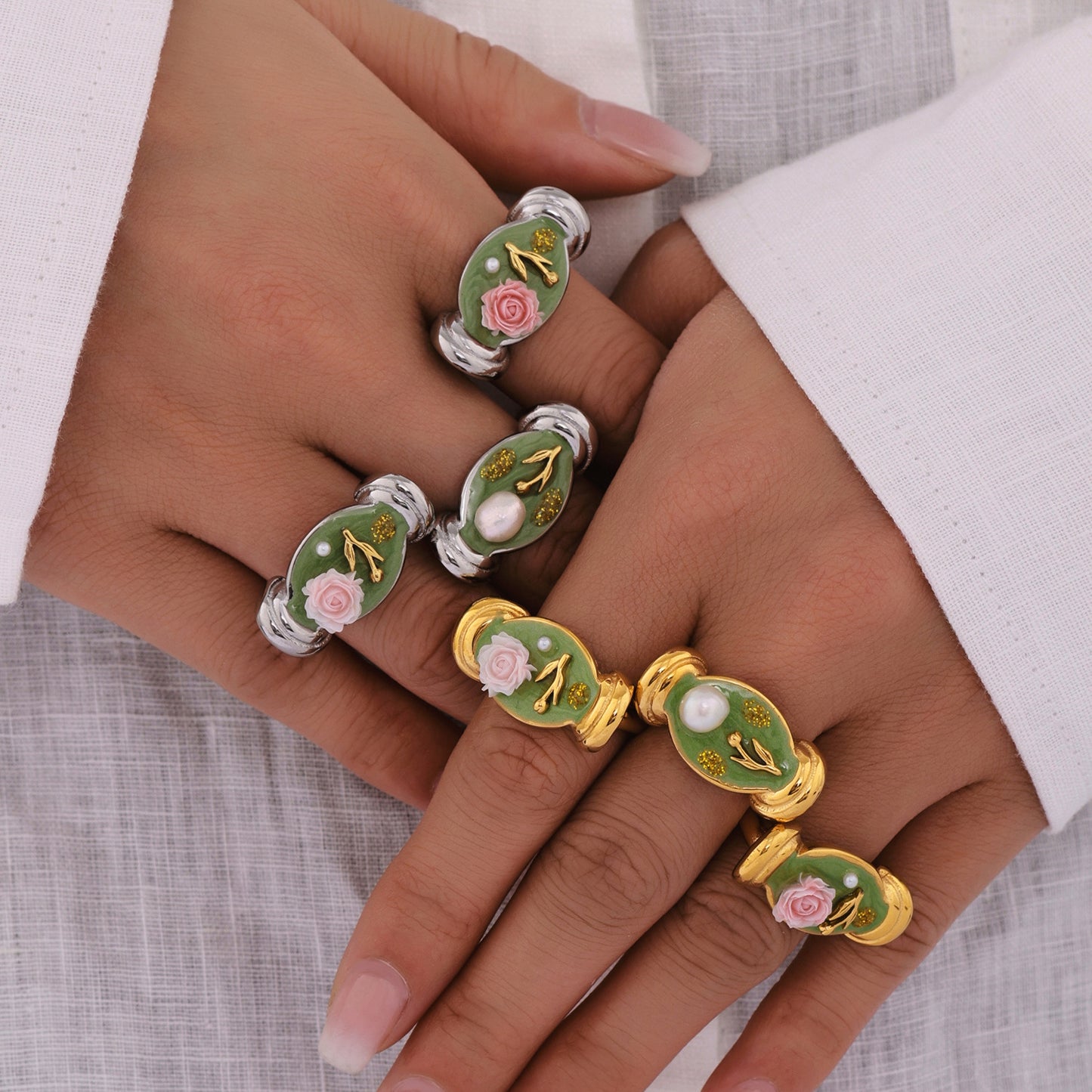 Stainless Steel Imitation Pearl Flower Relief Cuff Oil Drip Ring