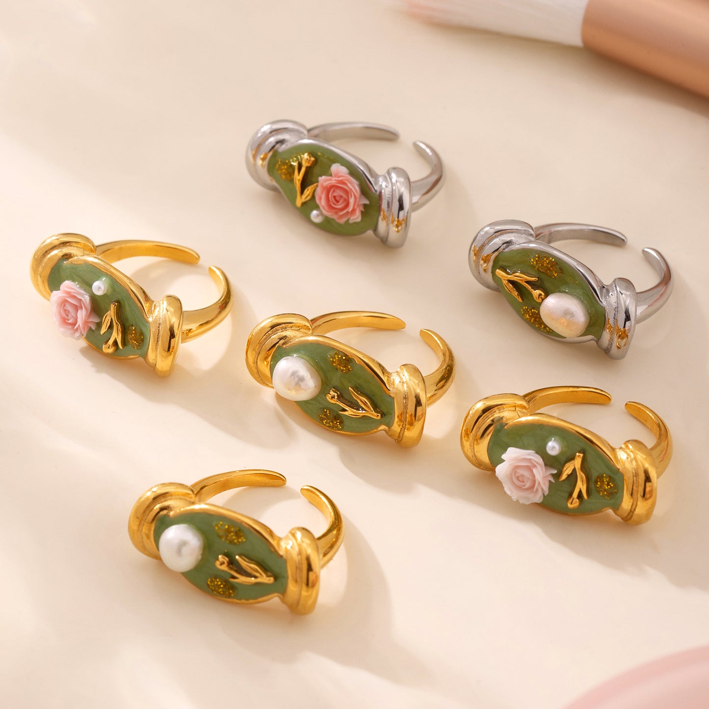Stainless Steel Imitation Pearl Flower Relief Cuff Oil Drip Ring
