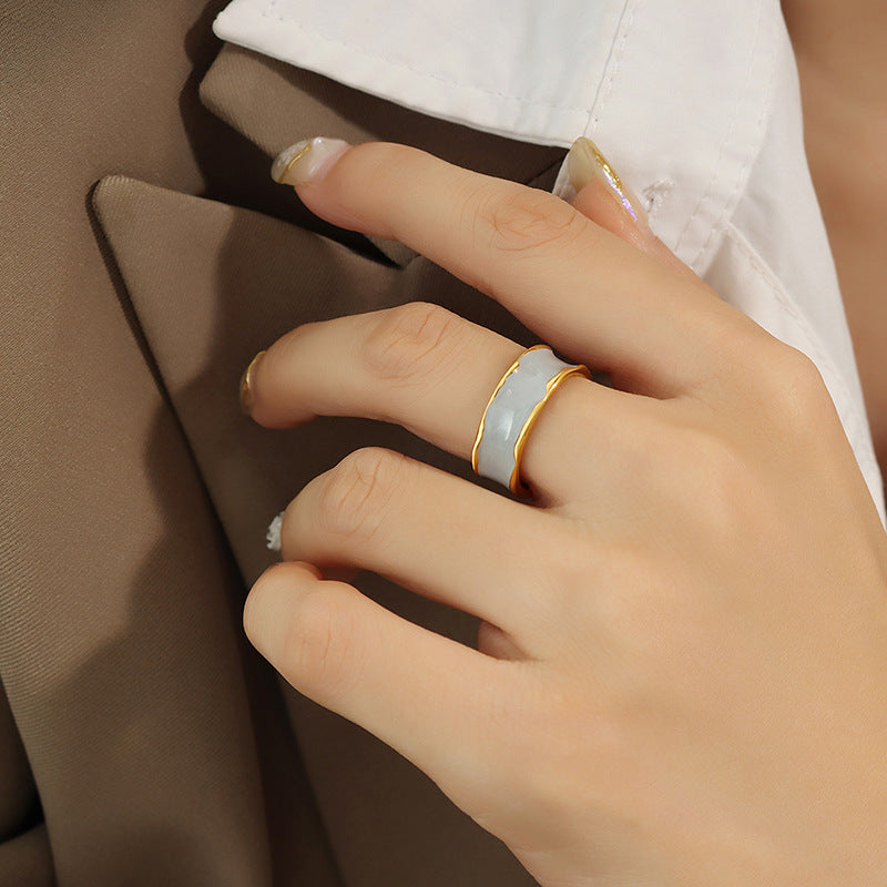 Blue and White Oil Drip Stainless Steel Cuff Ring