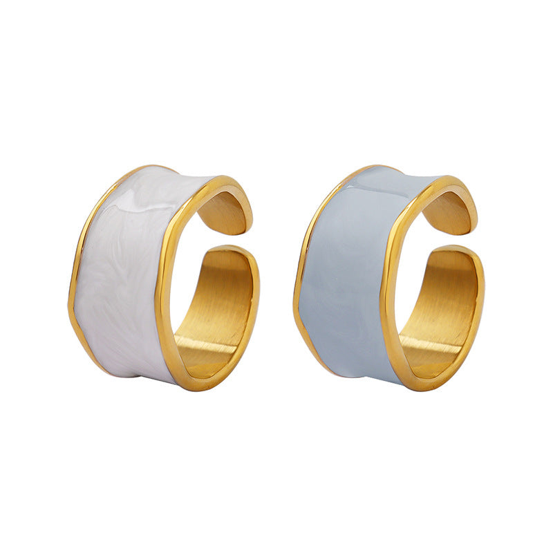 Stainless Steel Blue and White Oil Drop Simple Cuff Ring