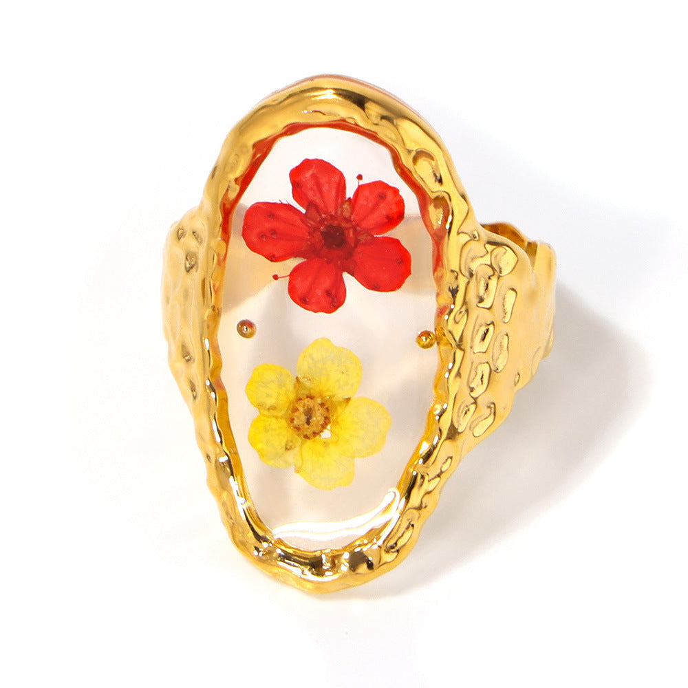 Stainless Steel Glazed Flower Pattern Cuff Ring