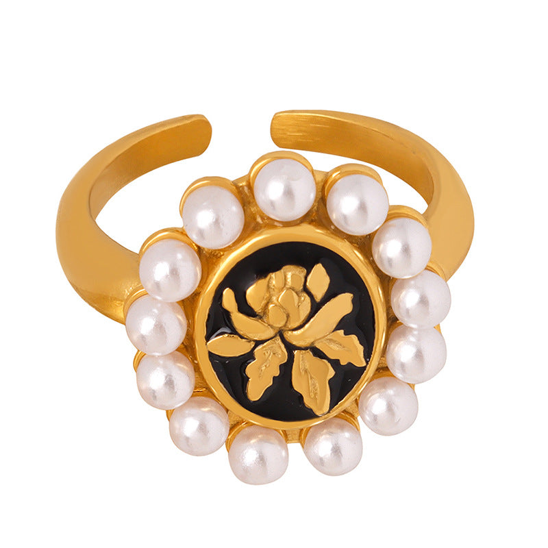Stainless Steel Black Round Oil Drop Sunflower Pattern Inlay Imitation Pearl Cuff Ring