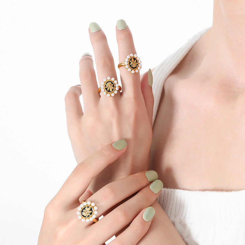 Stainless Steel Black Round Oil Drop Sunflower Pattern Inlay Imitation Pearl Cuff Ring