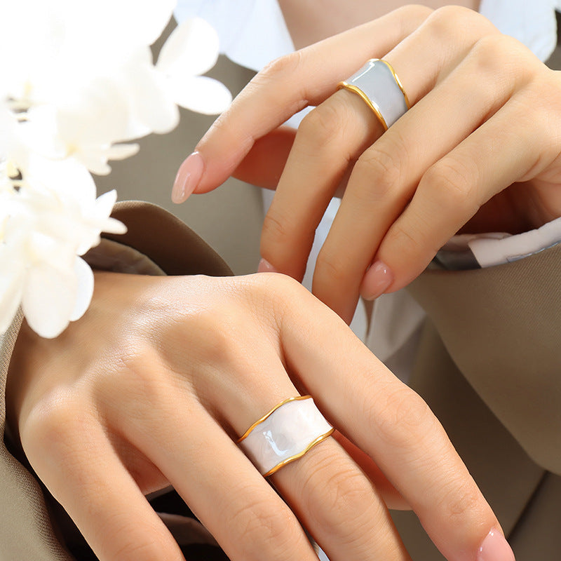 Stainless Steel Blue and White Oil Drop Simple Cuff Ring