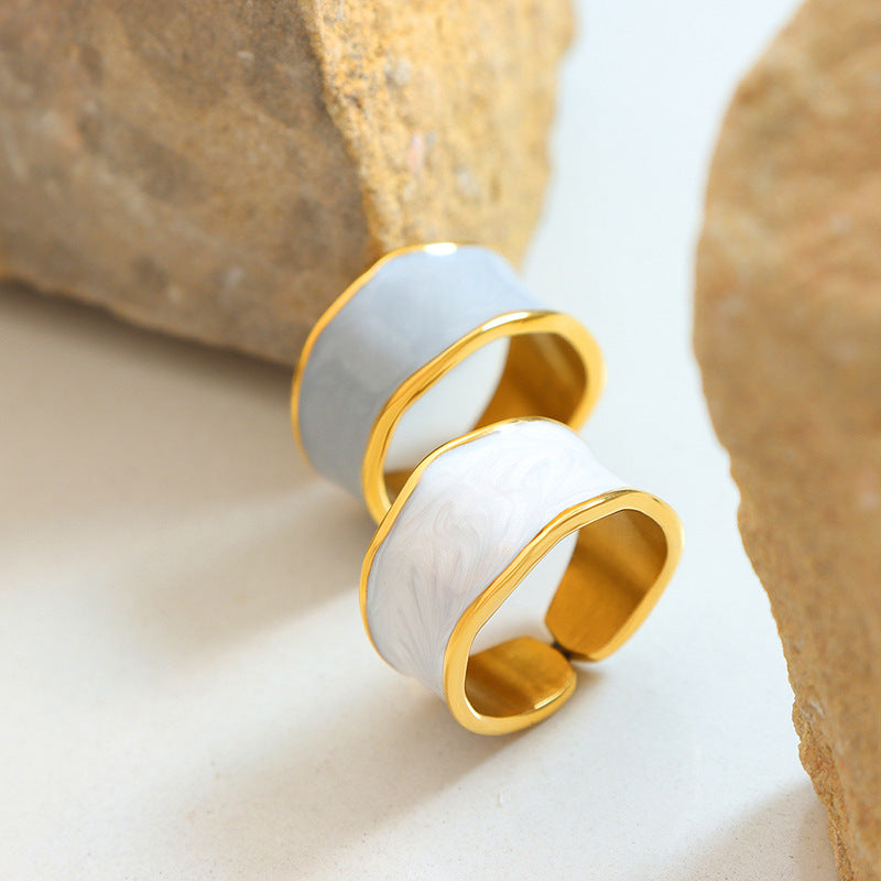 Stainless Steel Blue and White Oil Drop Simple Cuff Ring