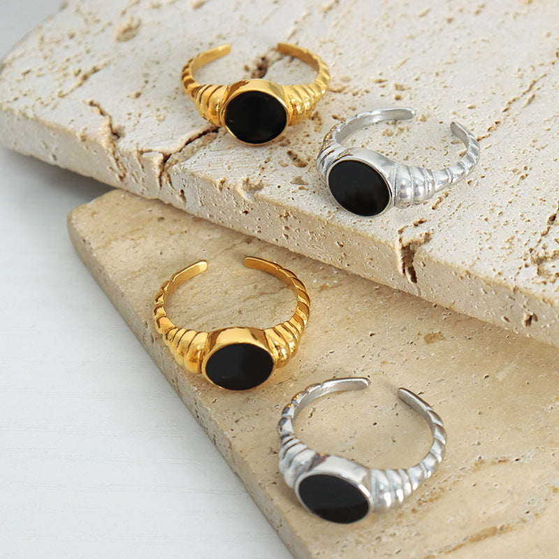 Stainless Steel Twist Black Oil Drip Cuff Ring