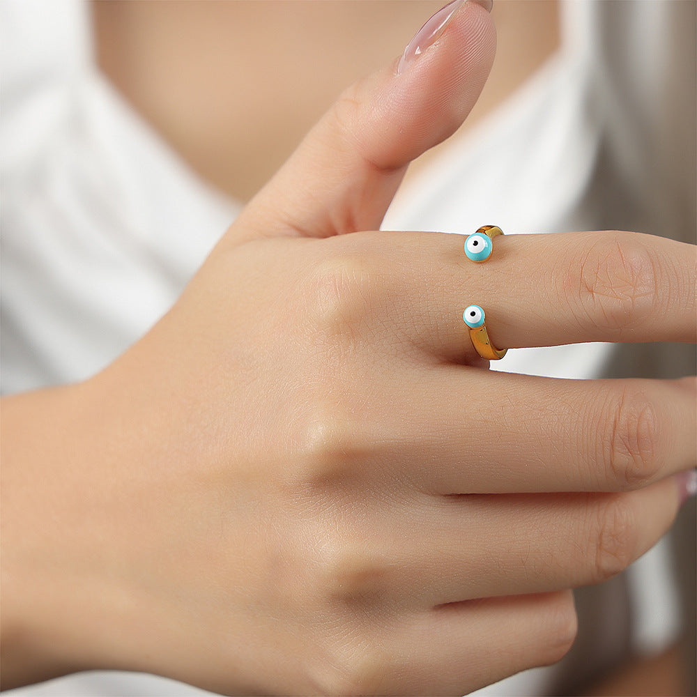 Stainless Steel Cartoon Eye Drop Oil Cuff Ring