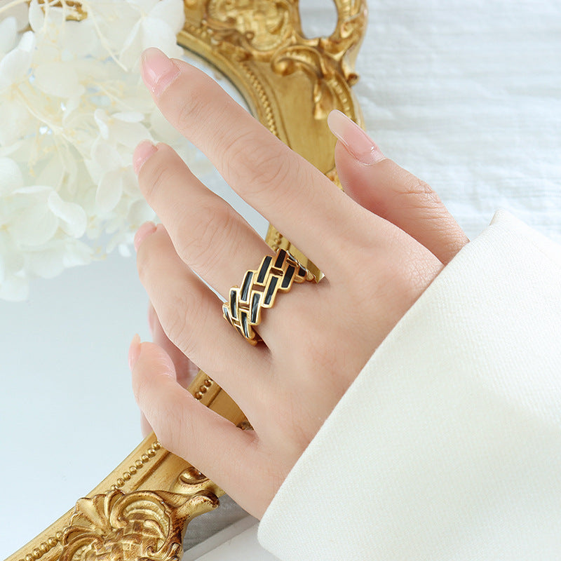 Stainless Steel Black and White Oil Drop Rectangular Ring