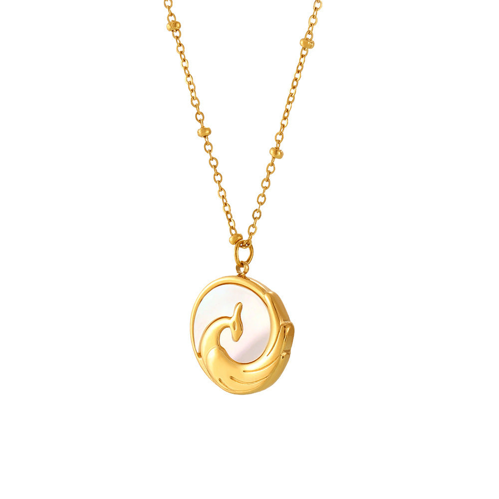 Stainless Steel Embossed Phoenix Pendant Inaly White Sea Shell Necklace