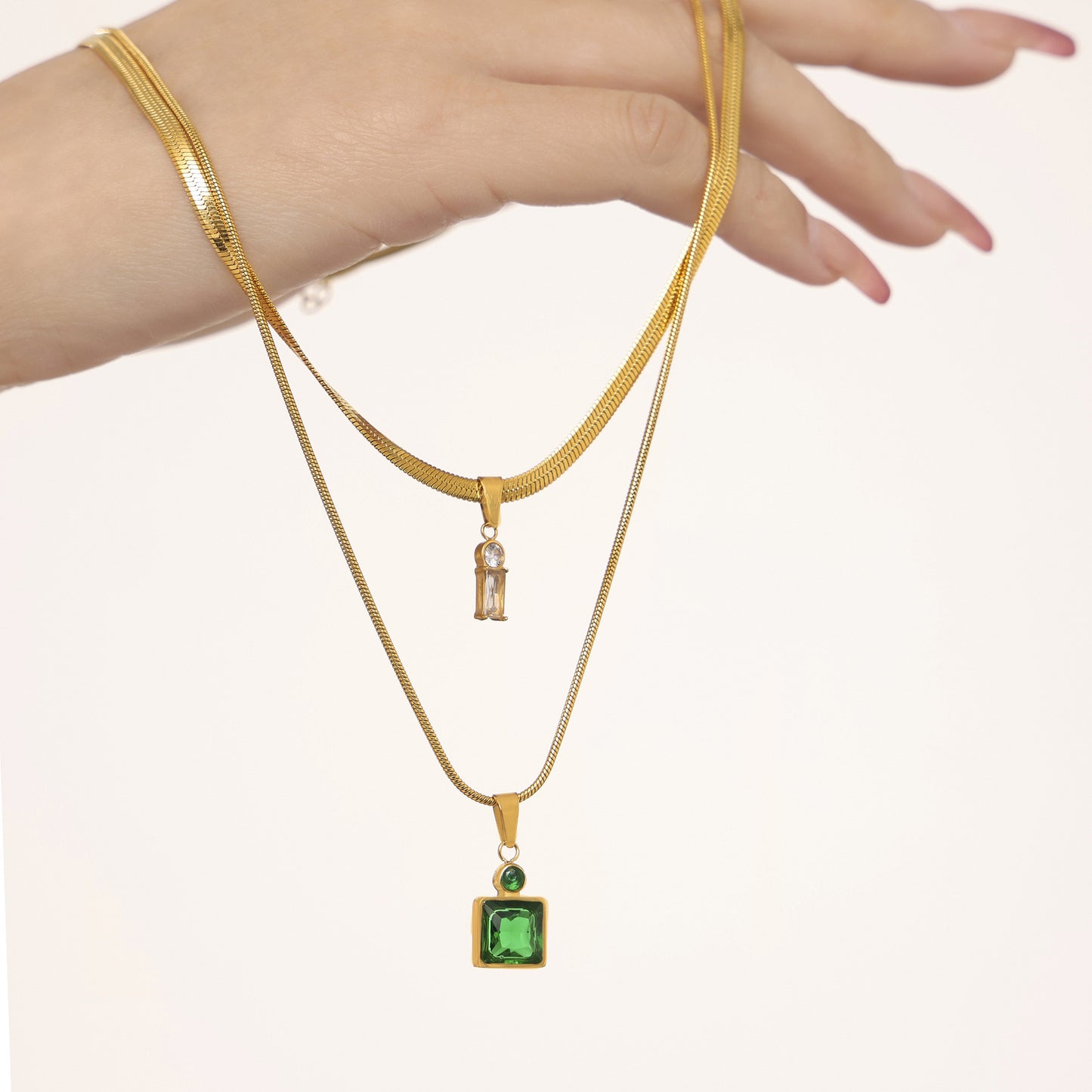 Square CZ Pendant Stainless Steel Snake Chain Necklace