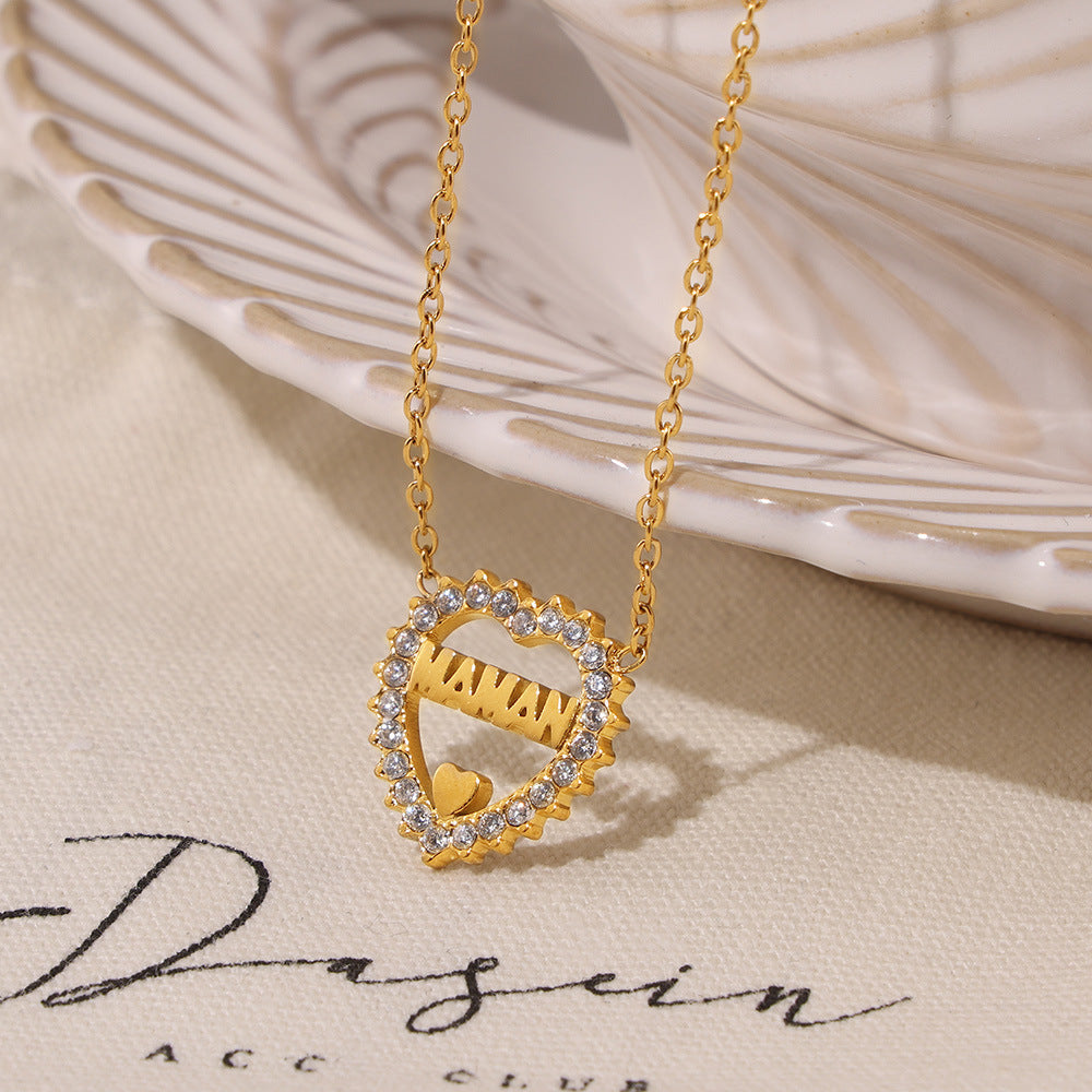 Heart Shaped Hollow Inlay CZ Letter Pendant Stainless Steel Necklace