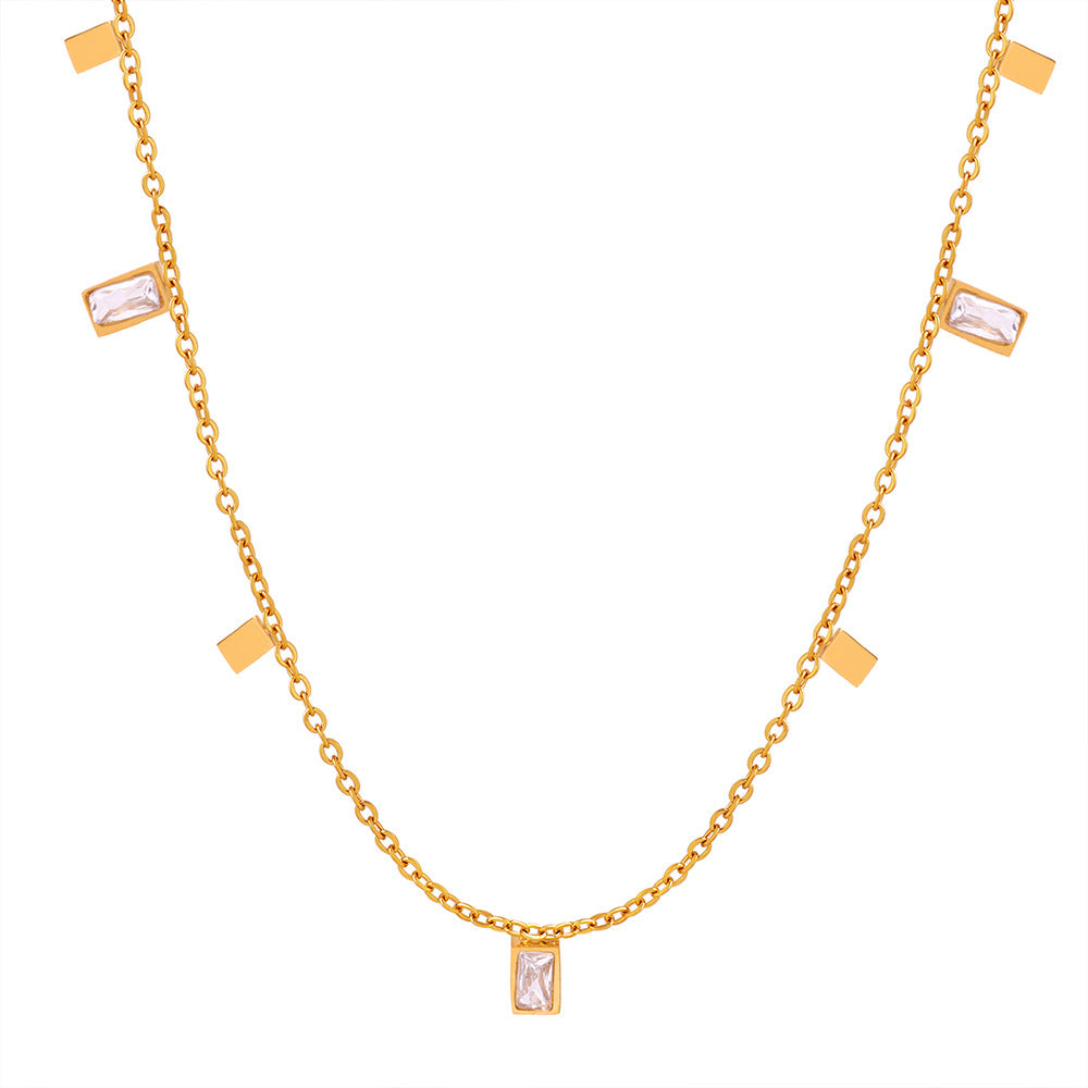 Stainless Steel Rectangular Cubic Zirconia Charm Necklace