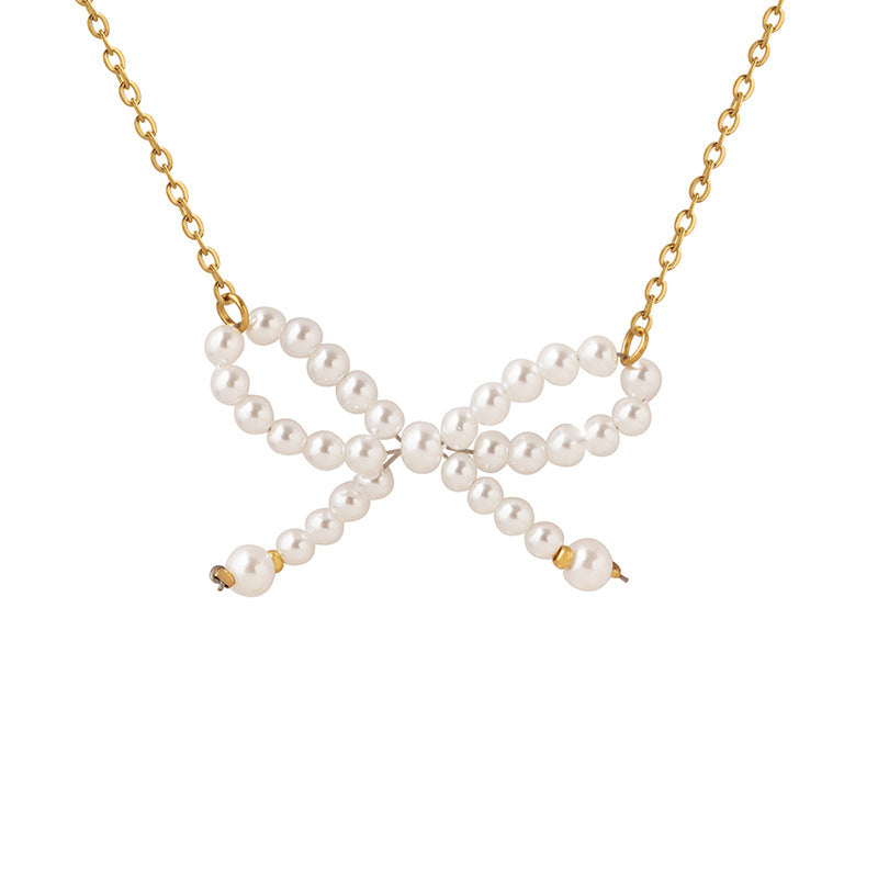 Imitation Pearl Bow Pendant Stainless Steel Necklace