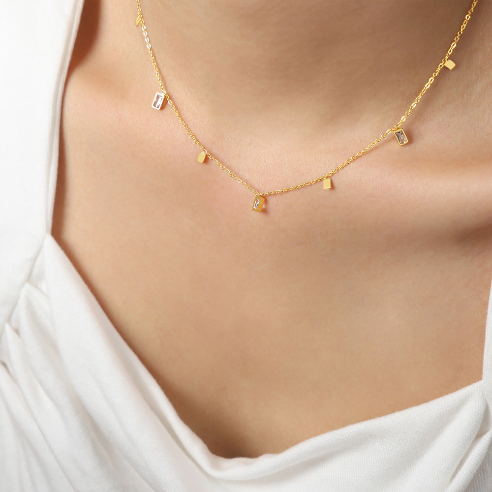 Stainless Steel Rectangular Cubic Zirconia Charm Necklace