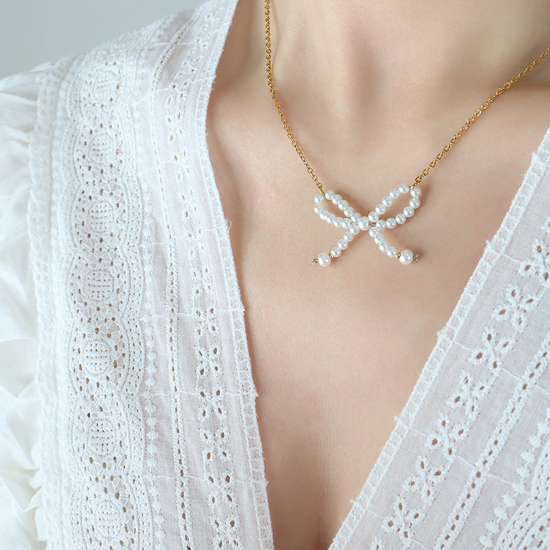 Imitation Pearl Bow Pendant Stainless Steel Necklace