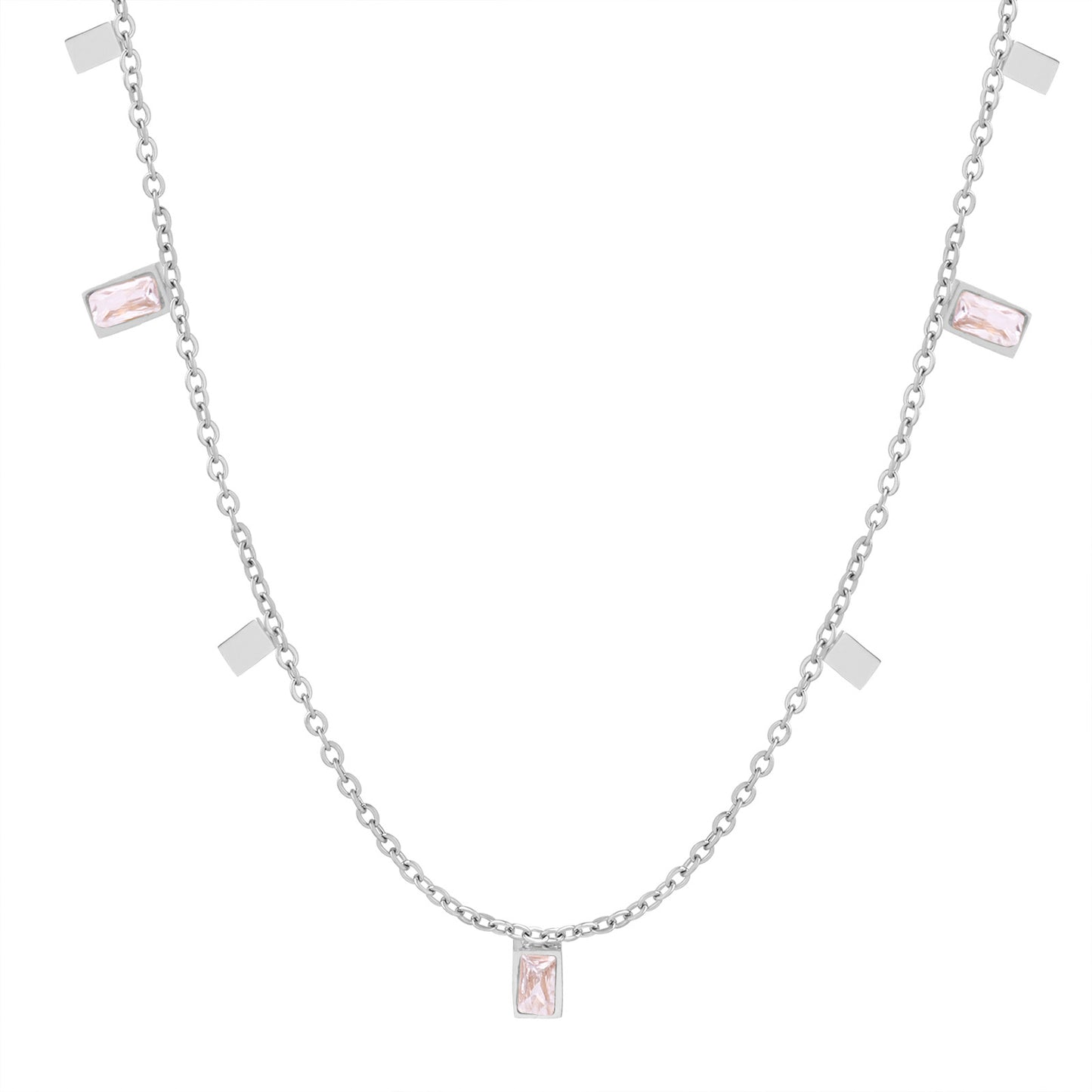 Stainless Steel Rectangular Cubic Zirconia Charm Necklace