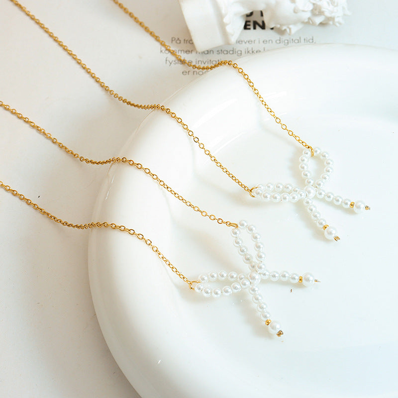 Imitation Pearl Bow Pendant Stainless Steel Necklace