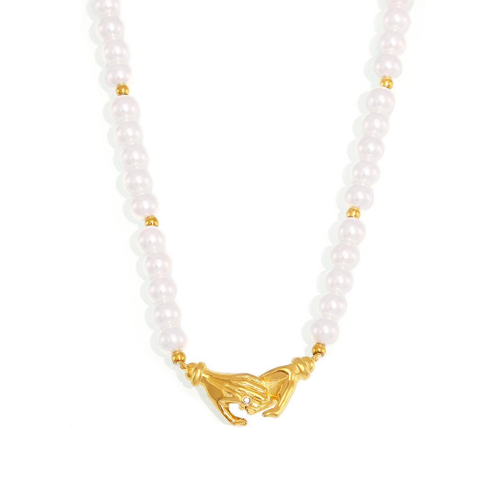 Stainless Steel Handshake Shape Pendant Imitation Pearl Beaded Necklace