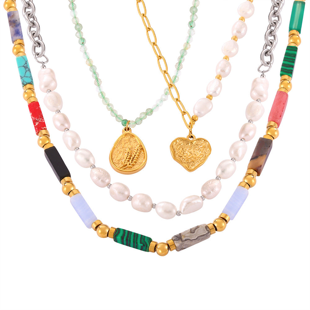 Stainless Steel Natural Stone Freshwater Pearl Beaded Necklace