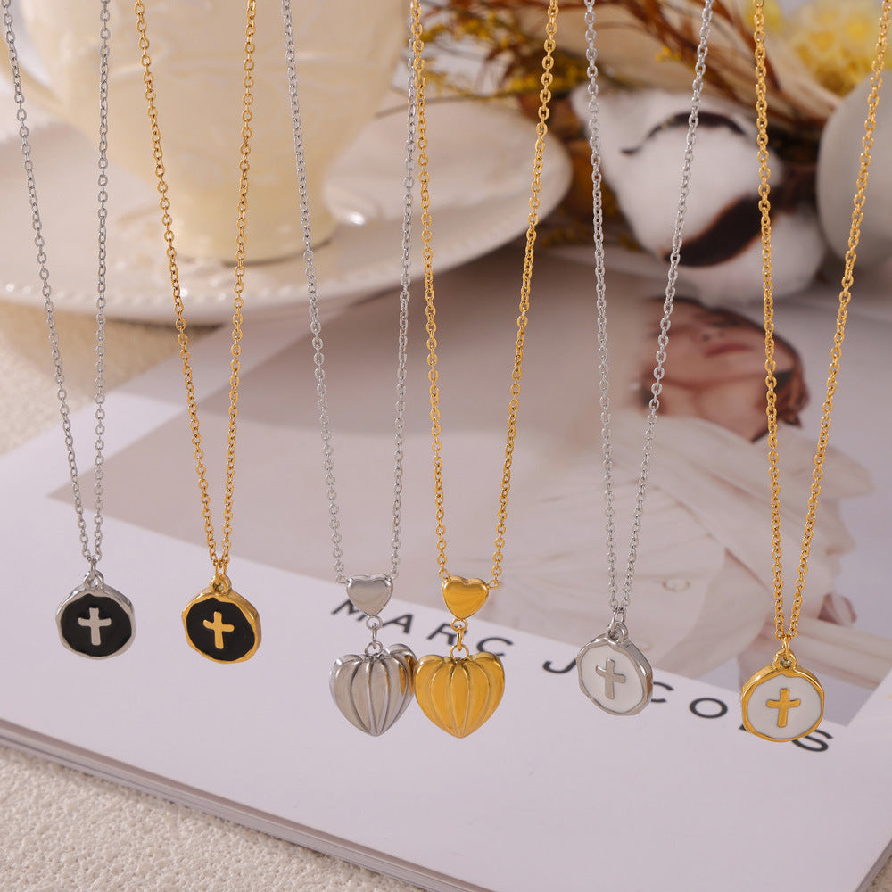 Stainless Steel Heart Round Cross Pattern Pendant Necklace