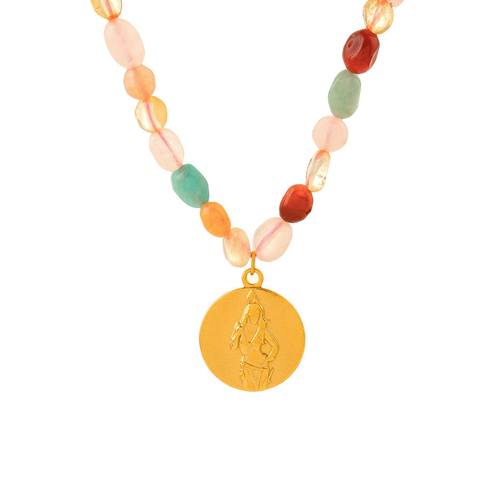 Embossed Figure Pendant Beaded Chain Necklace