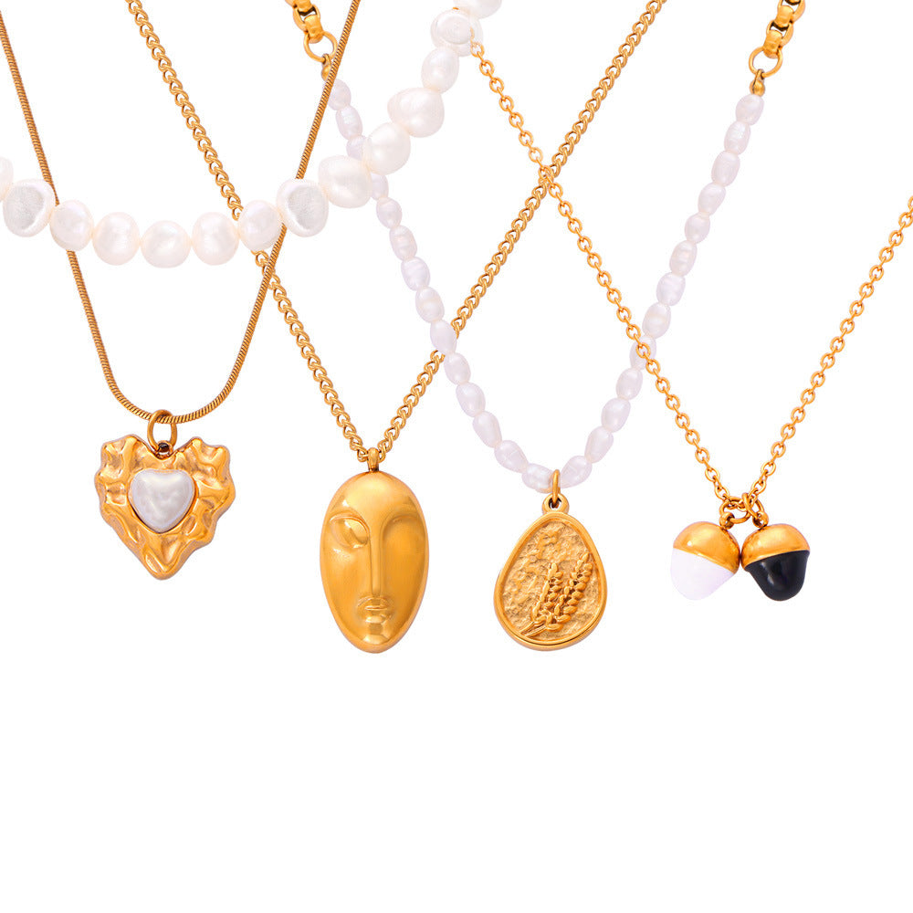 Heart Round Pendant Stainless Steel Freshwater Pearl Necklace