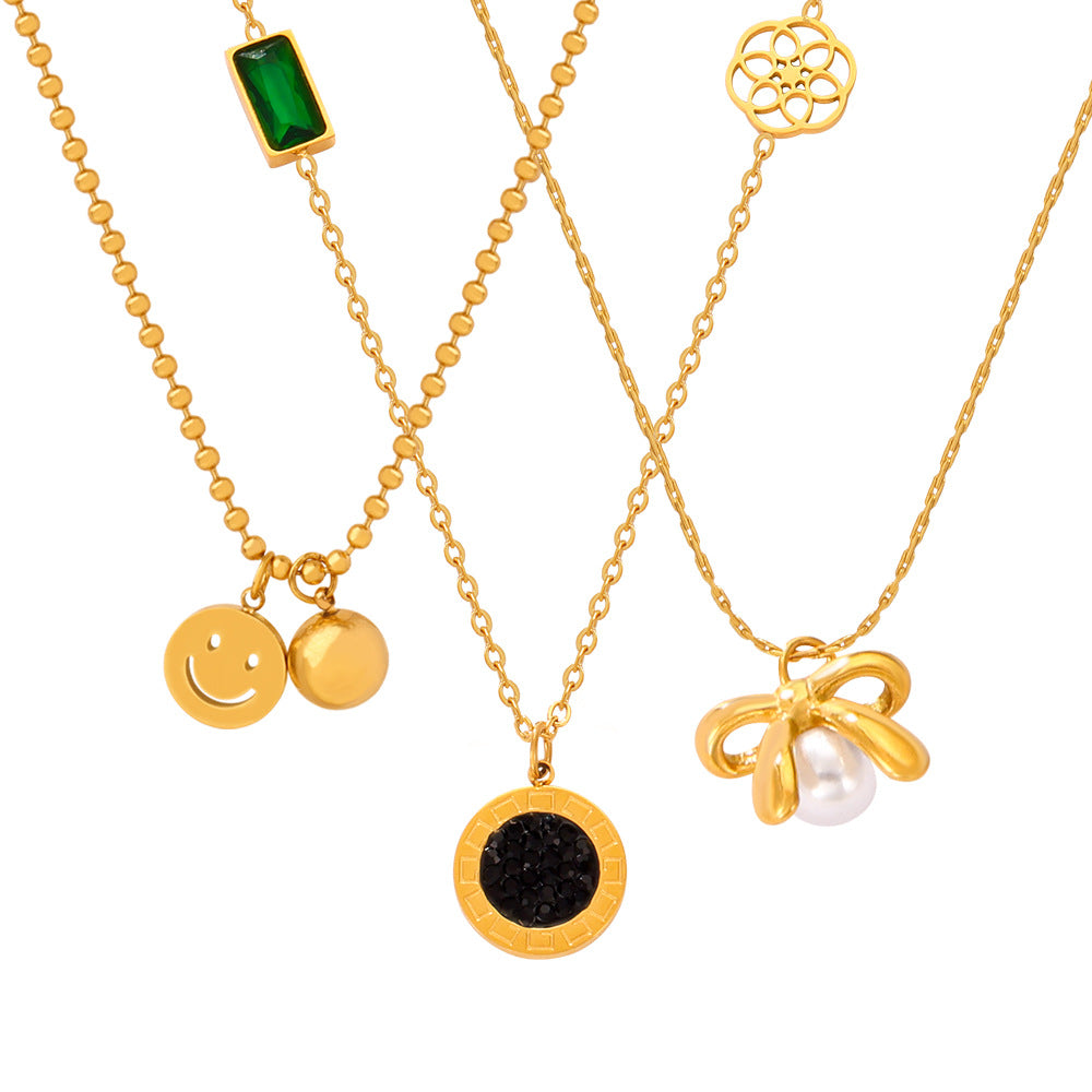 Smiley Face Bow Round Pendant Stainless Steel Necklace