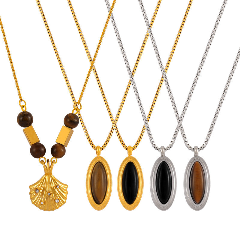 Oval Pendant Inlay with Tiger Eye Stone Stainless Steel Necklace