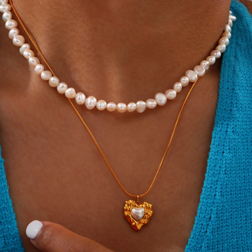 Heart Round Pendant Stainless Steel Freshwater Pearl Necklace