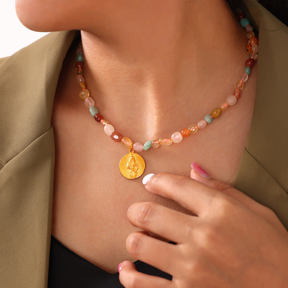 Embossed Figure Pendant Beaded Chain Necklace