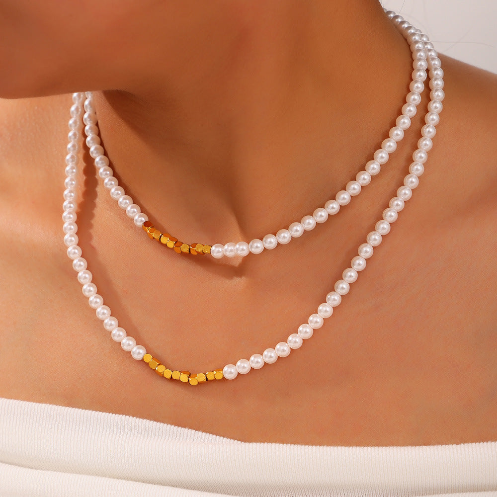 Square Imitation Pearl Beaded Stainless Steel Necklace