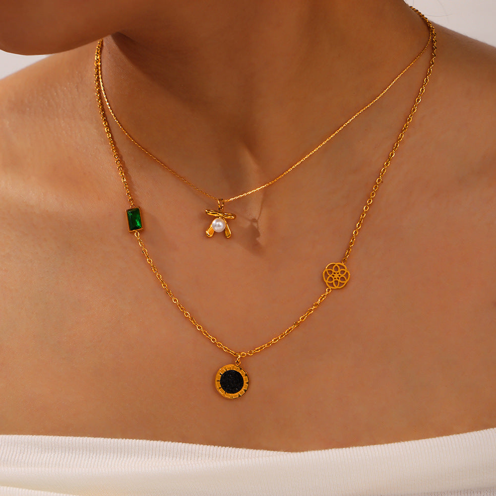 Smiley Face Bow Round Pendant Stainless Steel Necklace