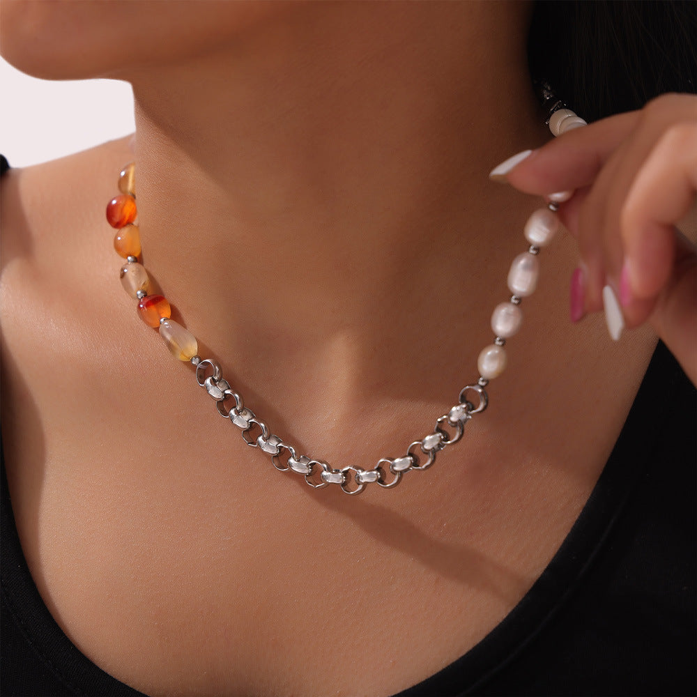 Stainless Steel Role Chain Stitching Beaded Chain Necklace