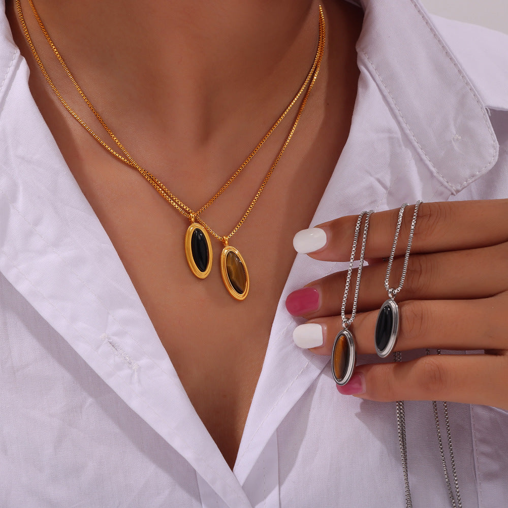 Oval Pendant Inlay with Tiger Eye Stone Stainless Steel Necklace